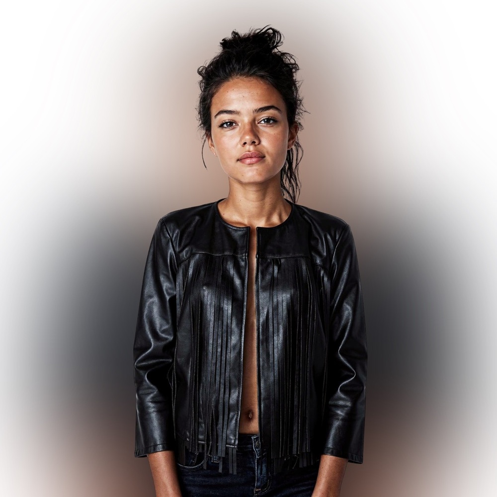 Chico's Black Leather Fringe Jacket Size 2, worn once!! - Picture 3 of 9